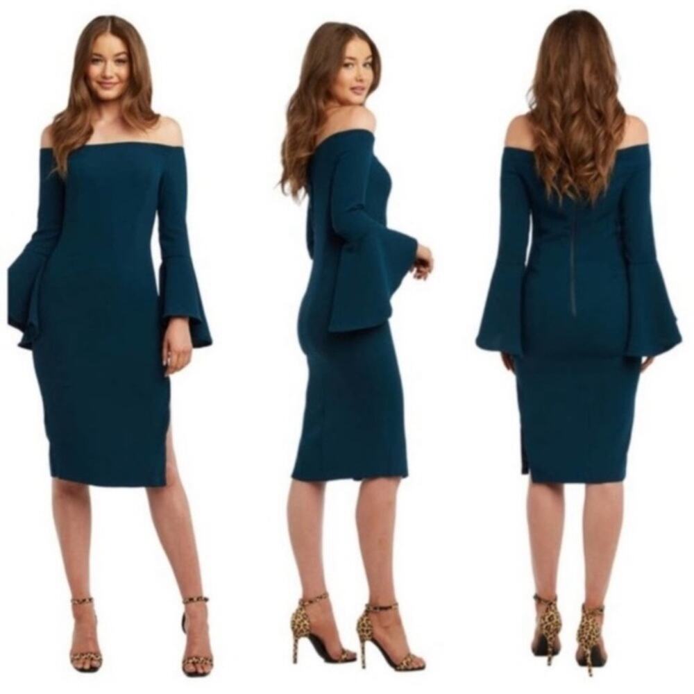Bardot Women's Solange Off Shoulder Midi Dress Size 4 Teal Green Bell Sleeve